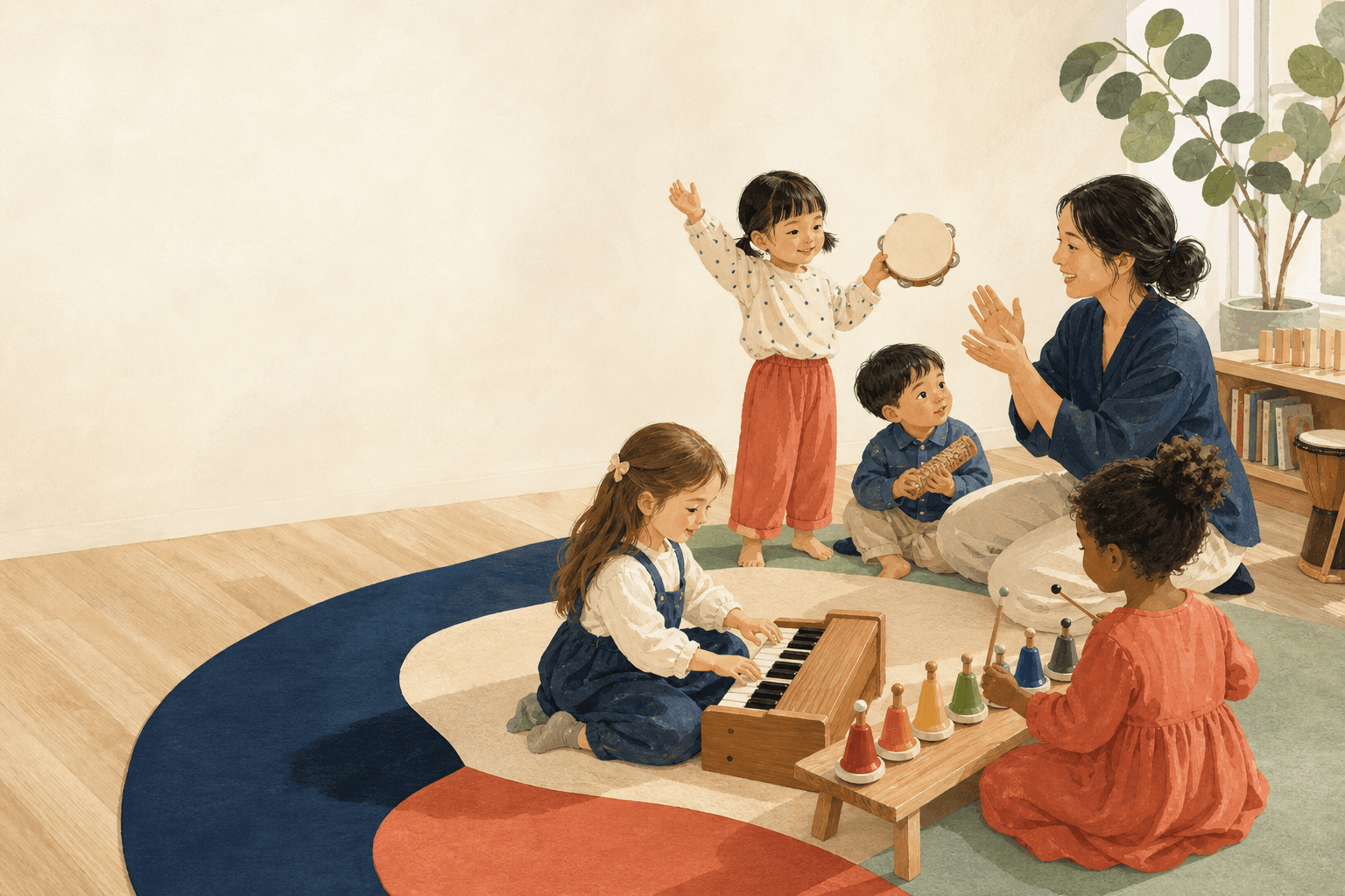 Illustration of children exploring music through movement and instruments